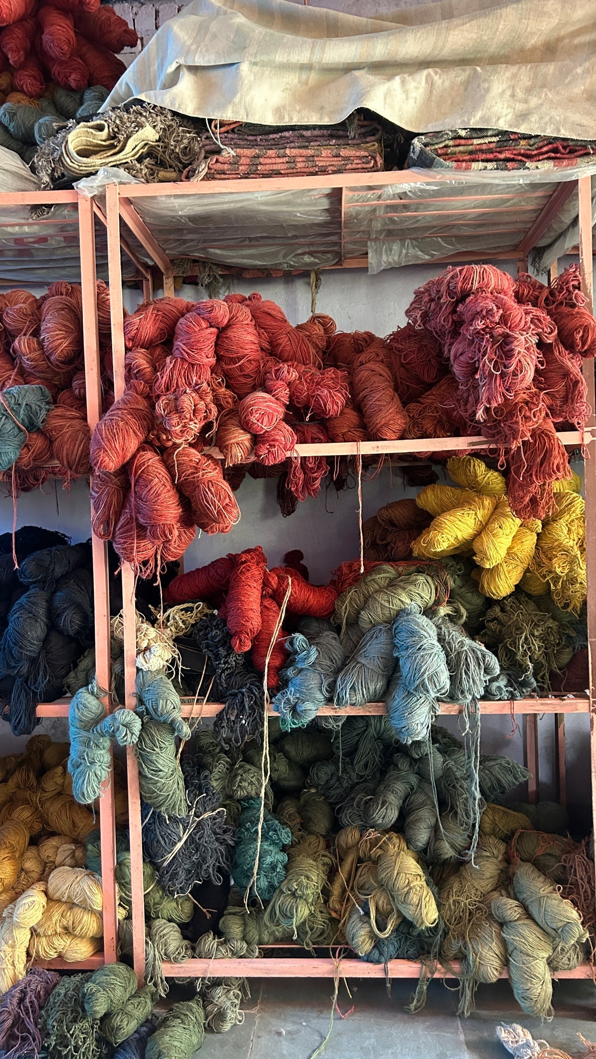 Naturally dyed yarns at an artisan workshop in India