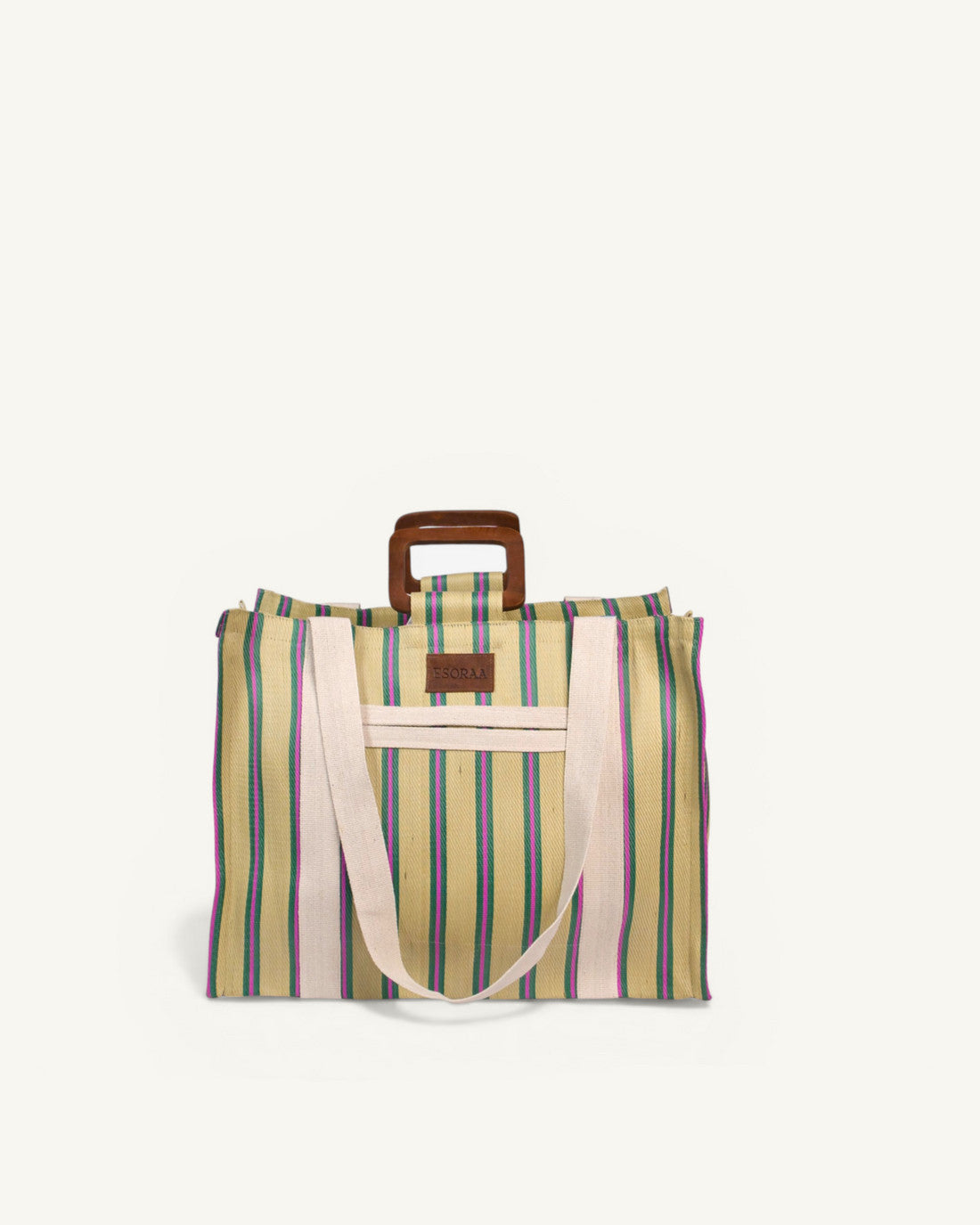 Esoraa Block Pistachio square bag in recycled green nylon featuring wooden handles and organic cotton shoulder straps.