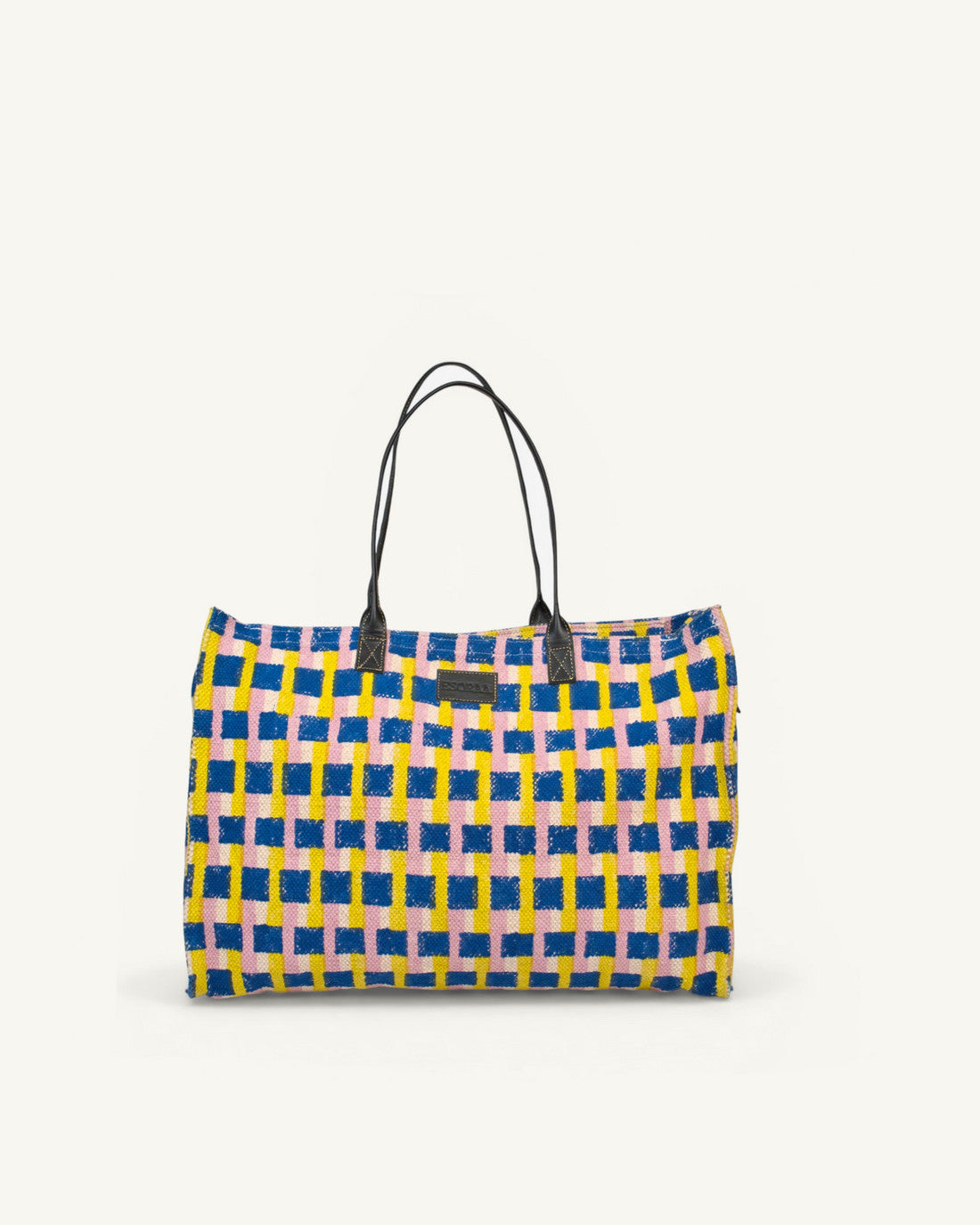 Front view of the Esoraa Market Zip tote bag in Blueberry Matcha checkered block print with a leather shoulder strap.