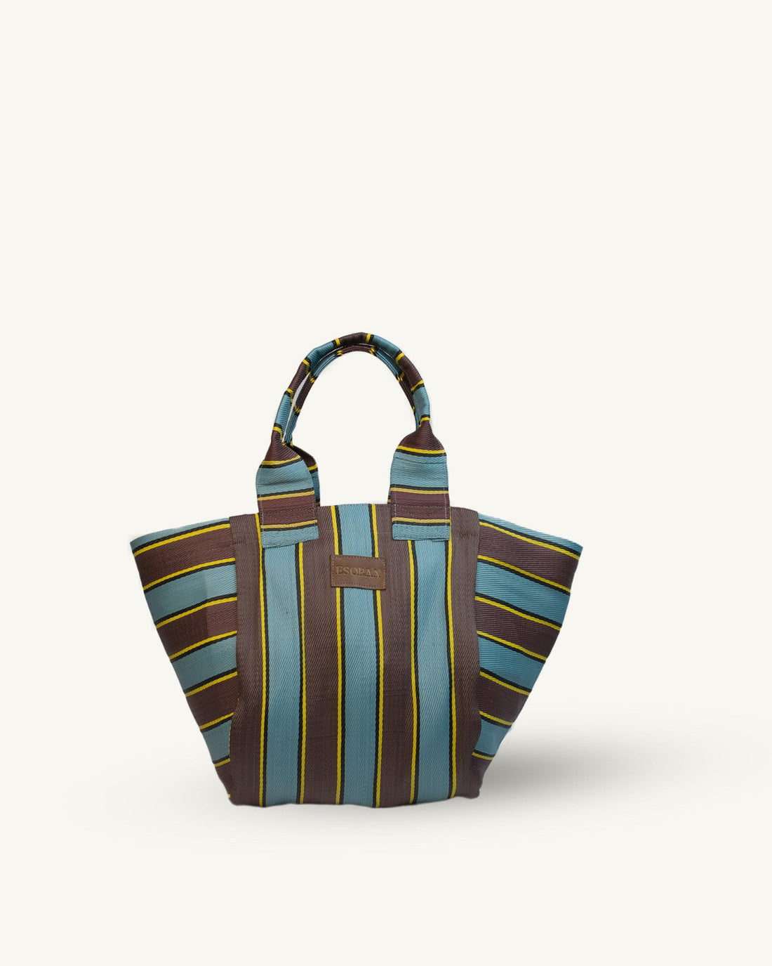 Striped handbag with brown, blue, and green pattern on a white background