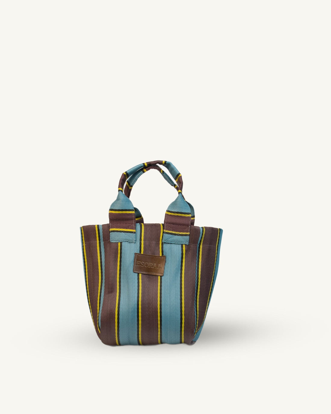 Striped handbag with brown, blue, and green colors on a white background