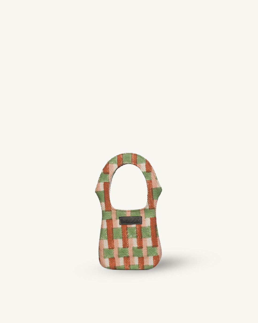 Small checkered bag with a green and brown pattern on a white background