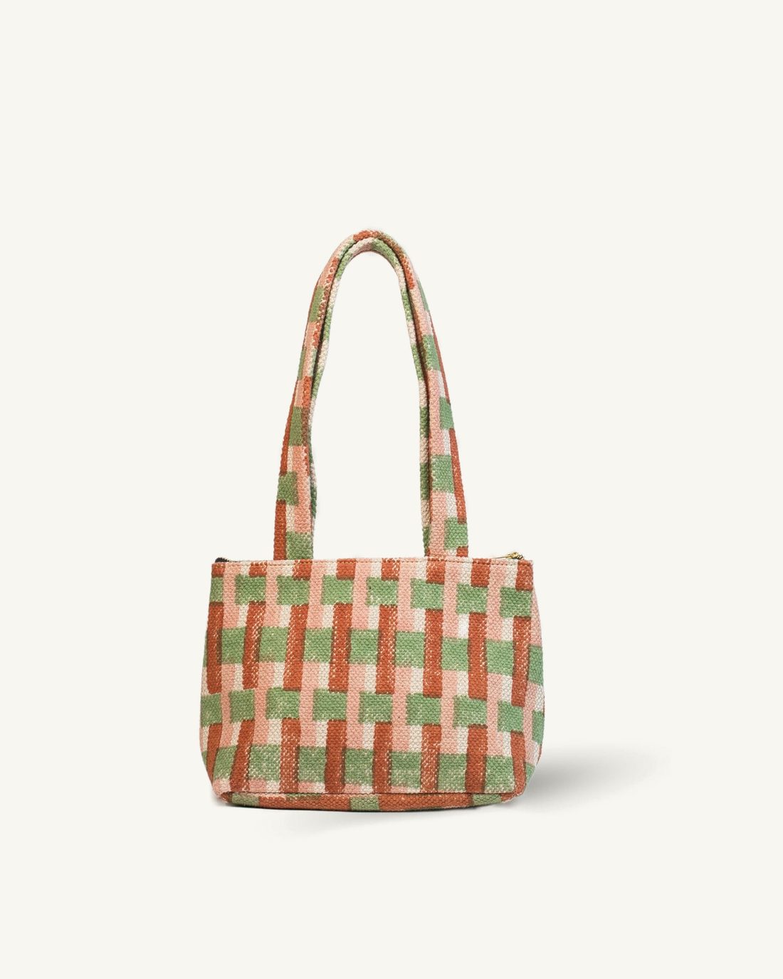 Orange Checkered handbag with green and pink pattern on a white background