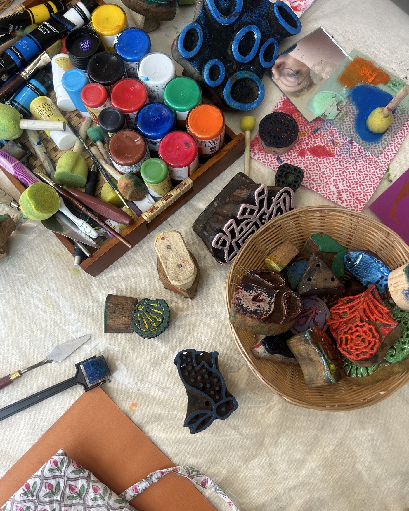 Carved wooden blocks, inks and printing tools