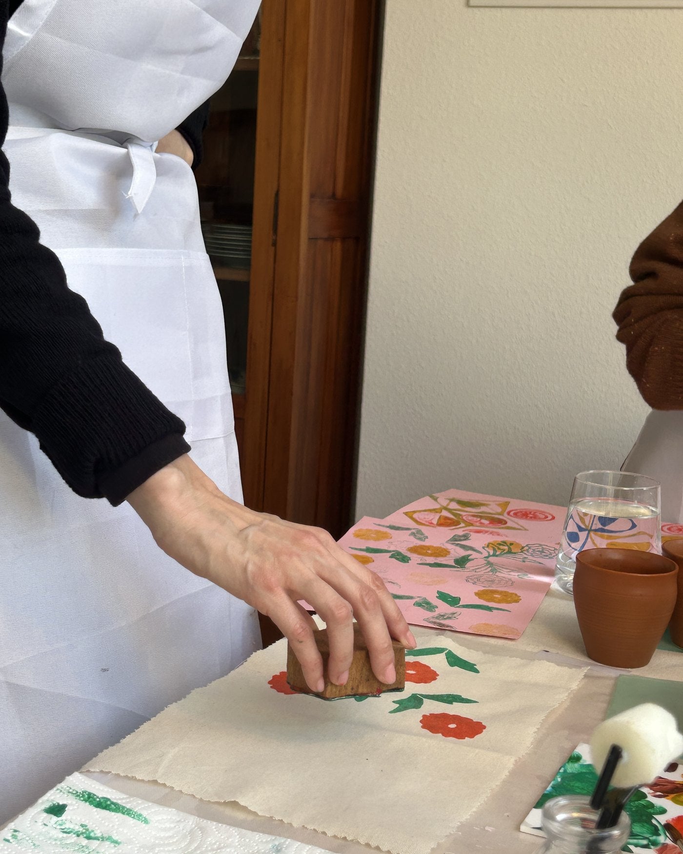 Stamping a floral pattern onto fabric