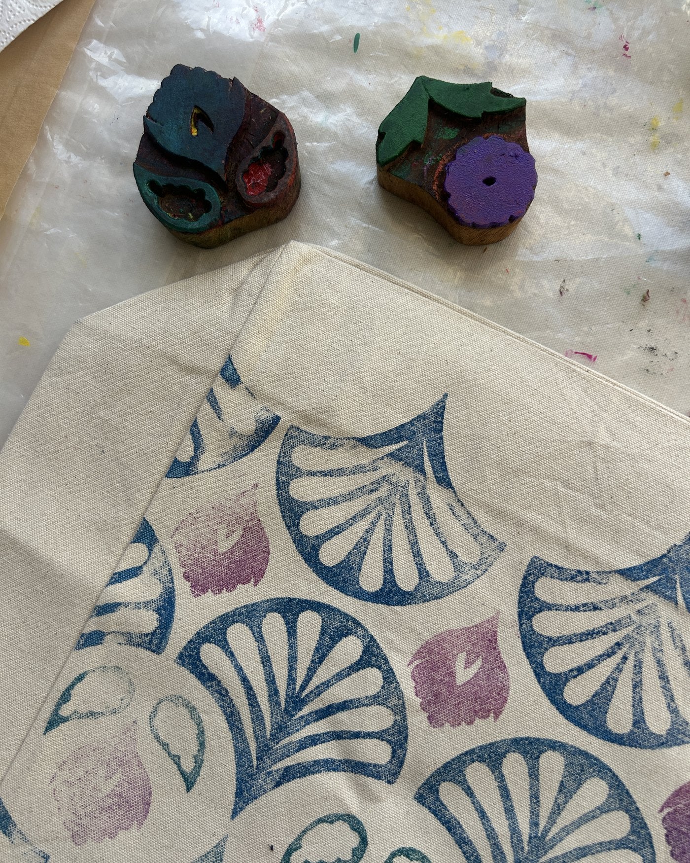 Shell prints on canvas with their blocks