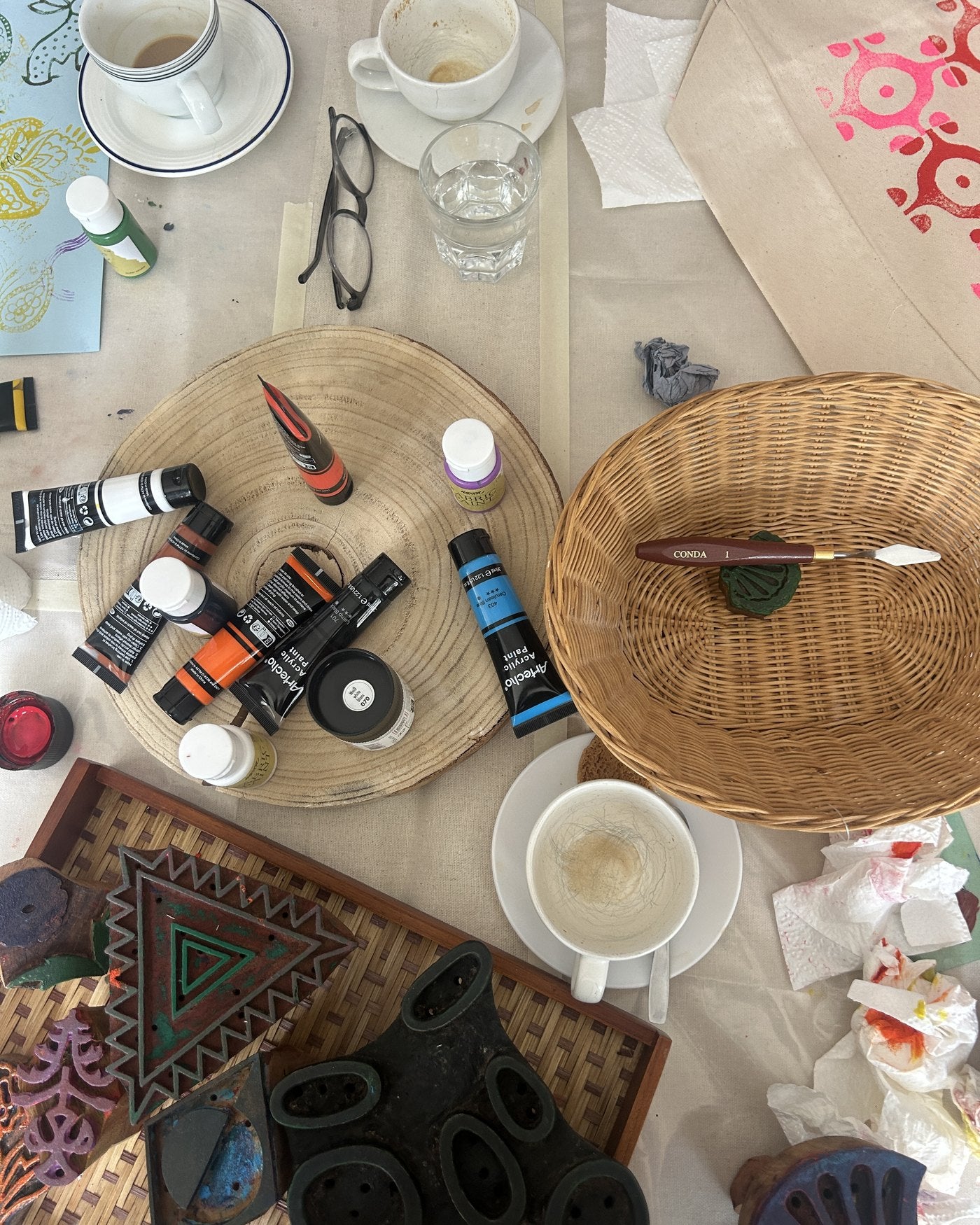 Carved wooden blocks and printing tools on the table