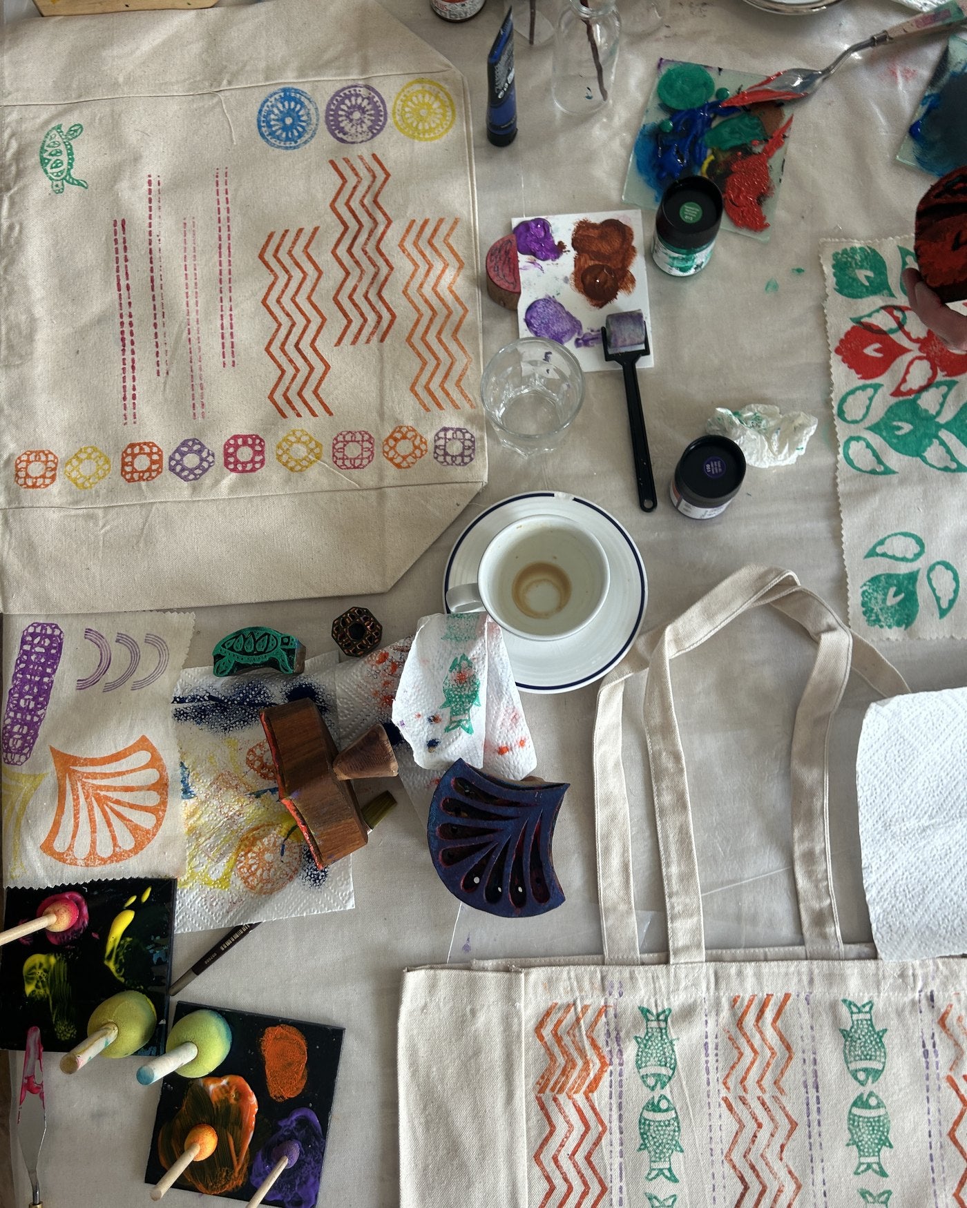 Several finished totes from one session