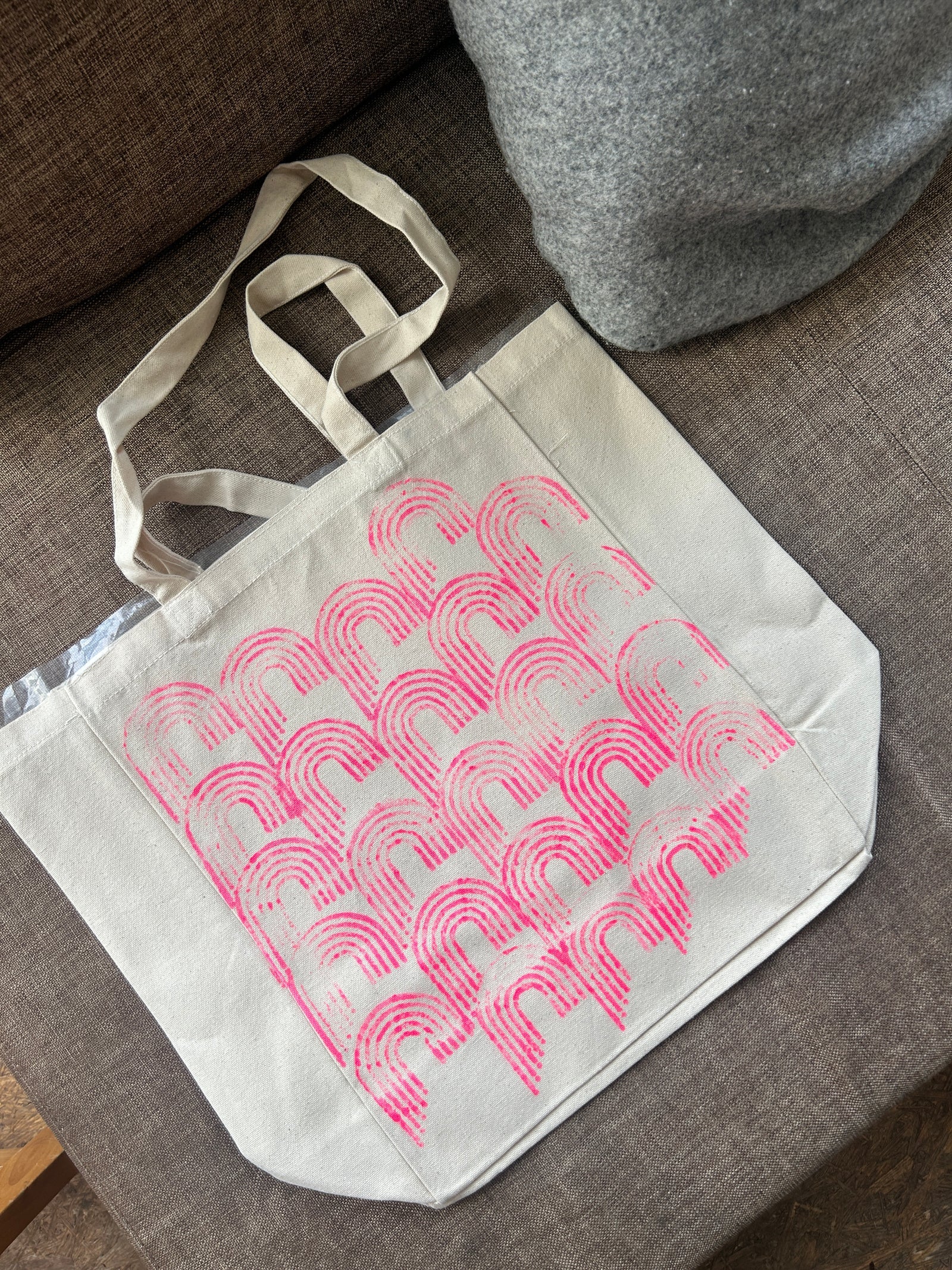 A finished block printed tote