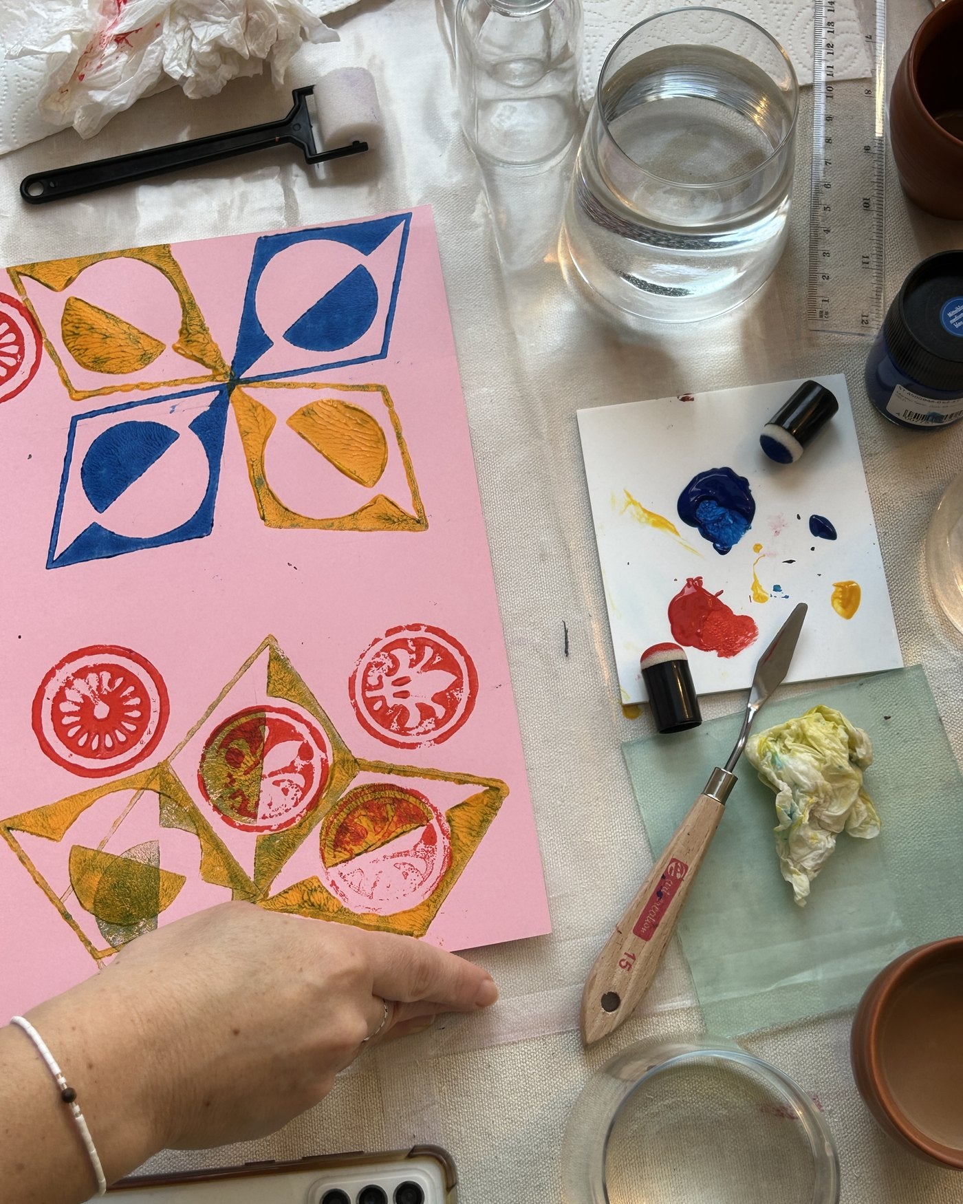 A geometric test sheet in blue, yellow and red