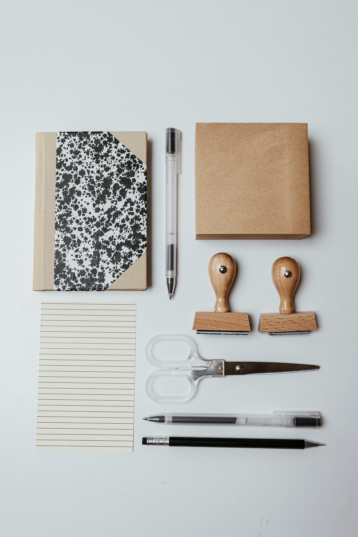 Stamps and stationery laid out on a table