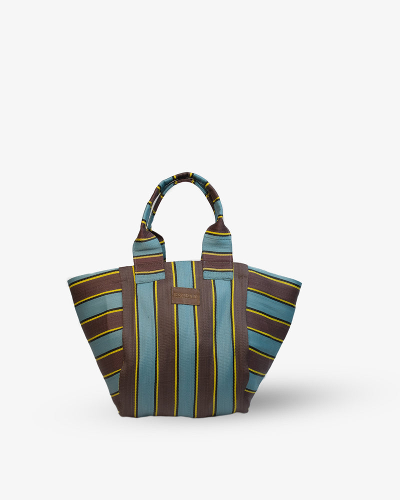 Striped handbag with brown, blue, and green pattern on a white background