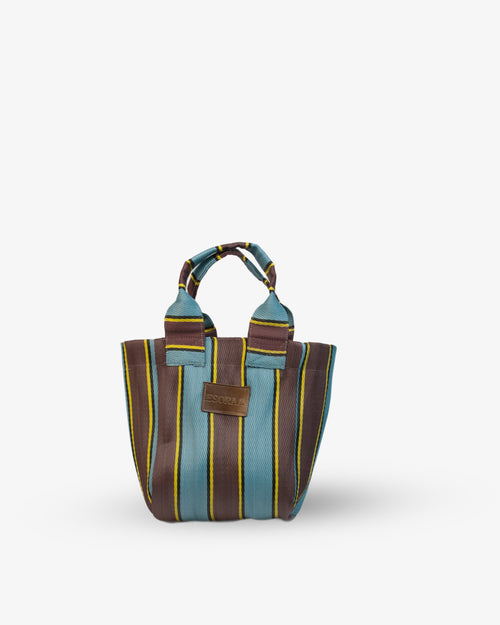 Striped handbag with brown, blue, and green colors on a white background