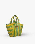 Green and yellow striped tote bag on a white background