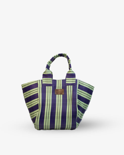 Striped tote bag with purple and green pattern on a white background