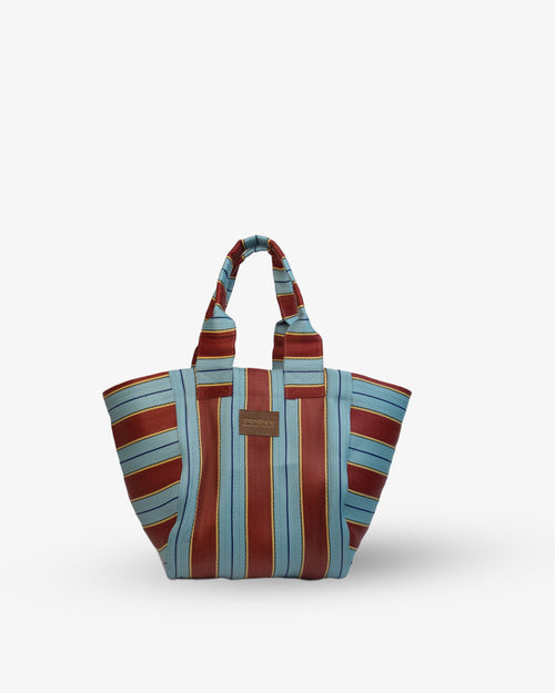 Striped tote bag with a visible brand logo on a white background