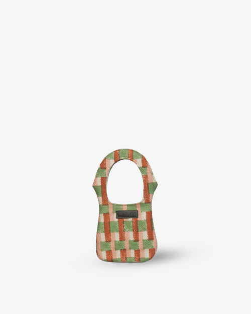 Small checkered bag with a green and brown pattern on a white background