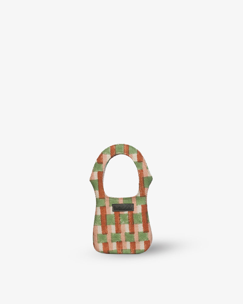 Small checkered bag with a green and brown pattern on a white background