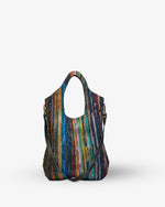 Multicolored striped handbag on a white background